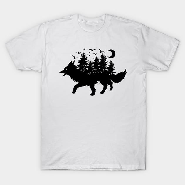 Black Wolf and Forest T-Shirt by The Night Owl's Atelier